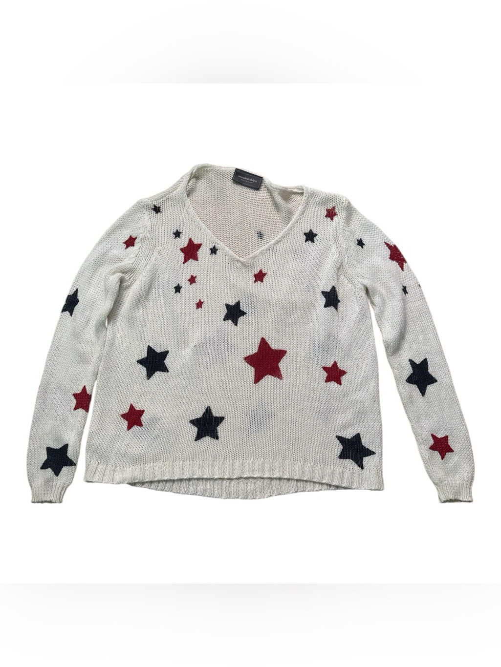 Wooden Ships White V-Neck Sweater With Red & Navy Star Patriotic, July 4th